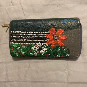 Wallet/clutch Flower hand painted grey faux leather, 7”x4”x1 1/4”, gently used
